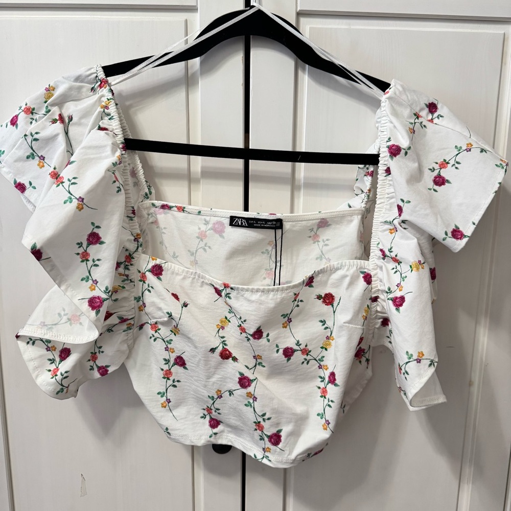 Zara Floral Puff Sleeve Crop Top NWT Size Large - Picture 2 of 6